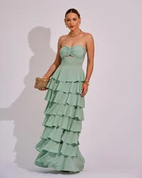 Vestido Longo Crepe Chiffon Tomara que Caia Plissado em Camadas Verde Menta