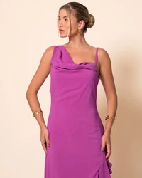 Vestido de Festa Longo Crepe Chiffon Degagê com Fenda e Babado Cascata Fúcsia