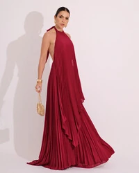 Vestidos de Festa Longo Chiffon Fluido Frente Única Plissado Duplo Cereja