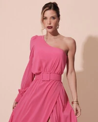 Vestido de Festa Longo um Ombro Só Manga Longa com Cinto Pink New