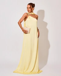 Vestido de Festa Longo em Cetim Fluido um Ombro Só Amarelo Manteiga