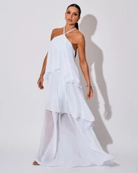 Vestido Longo Crepe Chiffon Babado em Camadas Branco