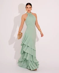 Vestido de Festa Longo Decote Halter com Babados Verde Menta