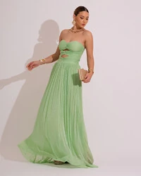 Vestido de Festa Longo Tule Brilho Tomara que Caia Recortes Verde Lima