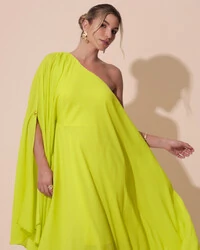 Vestido de Festa um Ombro com Capa Crepe Fluido Verde Lima