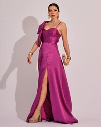 Vestido de Festa Longo em Zibeline com Laço Removível Fúcsia