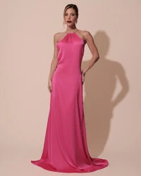 Vestido de Festa Longo Cetim Fluido com Argola Frente Única Pink New