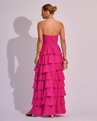 Vestido Longo Crepe Chiffon Tomara que Caia Plissado em Camadas Pink