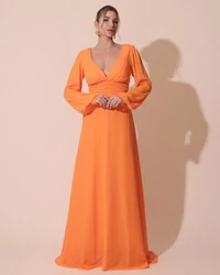 Vestido de Festa Manga Longa com Cintura Drapeada Decote V Laranja