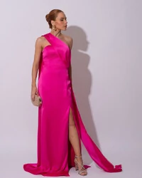 Vestido de Festa Longo Cetim Alfaiataria Tomara que Caia com Faixa Lenço Pink