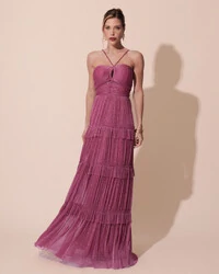 Vestido de Festa Longo Tule com Saia Babado Fúcsia