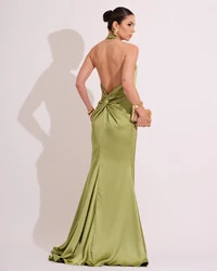 Vestido de Festa Longo em Cetim Alfaiataria com Elastano Frente Única Verde Lima