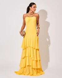 Vestido Longo Crepe com Babado em Camadas Amarelo