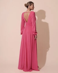 Vestido de Festa Manga Longa com Cintura Drapeada Decote V Pink New