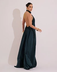 Vestido Longo Crepe Chiffon Frente Única Fluido Flor Removível Verde Escuro