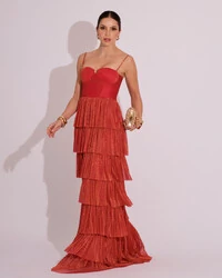 Vestido de Festa Longo Tule Glitter com Camadas Terracota