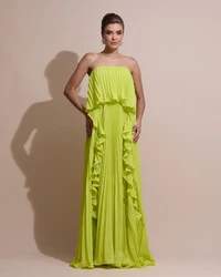 Vestido de Festa Longo Crepe Chiffon Tomara que Caia Plissado com Babado Cascata Verde Lima