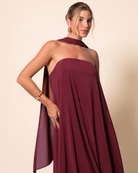 Vestido de Festa Longo Crepe Tomara que Caia com Lenço Marsala