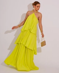 Vestido Longo Babado em Camadas Verde Lima New