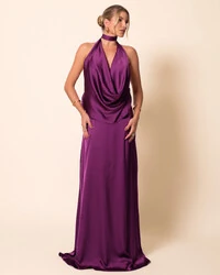 Vestido de Festa Longo Cetim Fluido Frente Única Degagê Mil Formas Roxo