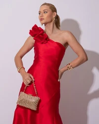 Vestido de Festa Longo Zibeline um Ombro Só Flor Removível Saia Sereia Vermelho