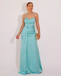 Vestido de Festa Longo Cetim Alfaiataria Fenda Drapeada Tiffany
