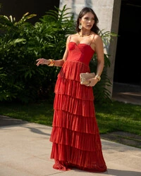 Vestido de Festa Longo Tule Glitter com Camadas Terracota