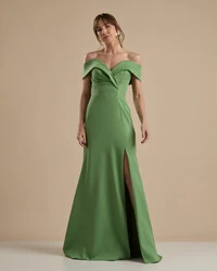 Vestido de Festa Longo Alfaiataria Ombro a Ombro com Fenda Verde Matcha