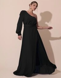 Vestido de Festa Longo um Ombro Só Manga Longa com Cinto Preto