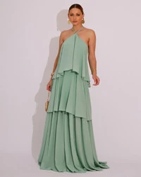 Vestido Longo Babado em Camadas Verde Menta