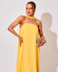 Vestido de Festa Longo Crepe Tomara que Caia com Lenço Amarelo