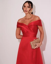 Vestido de Festa Longo Zibeline Ombro a Ombro com Fenda Vermelho