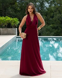 Vestido de Festa Longo com Decote Degagê Marsala