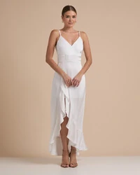 Vestido Midi Babado Acetinado Branco