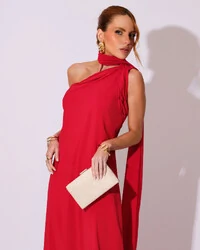 Vestido de Festa Longo Crepe Chiffon Um Ombro Só Drapeado Vermelho