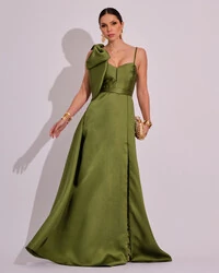 Vestido de Festa Longo em Zibeline com Laço Removível Verde Oliva