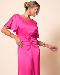 Vestido de Festa Longo Cetim Fluido Manga Curta Drapeado Pink New