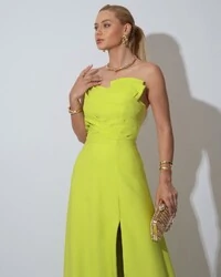 Vestido de Festa Longo Alfaiataria Tomara que Caia com Fenda Detalhe Verde Lima