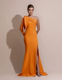 Vestido de Festa com Laço de Um Ombro em Alfaiataria Fenda Laranja