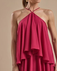 Vestido Longo Babado em Camadas Cereja
