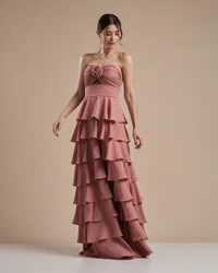 Vestido Longo Crepe Chiffon Tomara que Caia Plissado em Camadas Rose