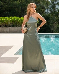 Vestido Longo de Cetim com Decote Triangular e Amarração nas Costas Degagê Verde Menta