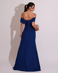 Vestido de Festa Longo Ombro a Ombro com Fenda em Alfaiataria Azul Royal