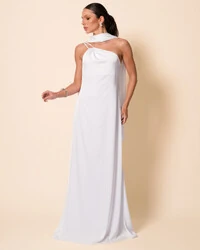 Vestido de Festa Longo em Cetim Fluido um Ombro Só com Lenço Branco