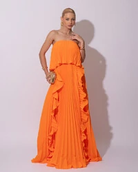 Vestido de Festa Longo Crepe Chiffon Tomara que Caia Plissado com Babado Cascata Laranja