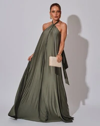 Vestido Longo com Amarração em Malha Verde Oliva