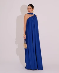 Vestido de Festa Longo Crepe Fluido um Ombro Só com Lenço Azul Royal