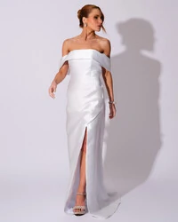 Vestido de Festa Longo Zibeline Ombro a Ombro Drapeado e Fenda Branco