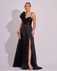 Vestido de Festa Longo em Zibeline com Laço Removível Preto
