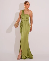 Vestido de Festa Longo Cetim Alfaiataria Tomara que Caia Faixa Verde Lima
